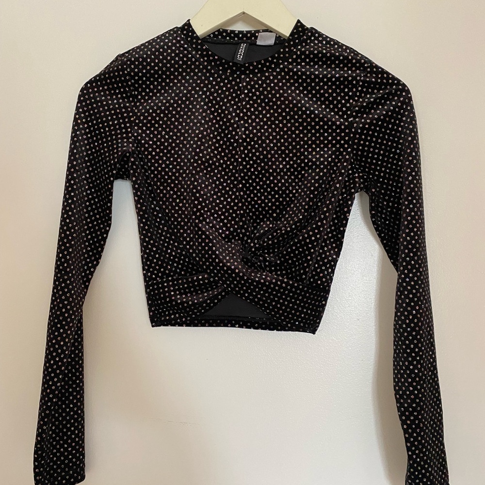 H&M Black Ruched, Glitter Long Sleeve Crop Top